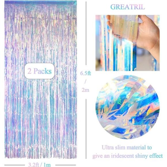 Iridescent Foil Party Streamers Backdrop 2 Pack Holographic Fringe Curtain Decor - Picture 4 of 7